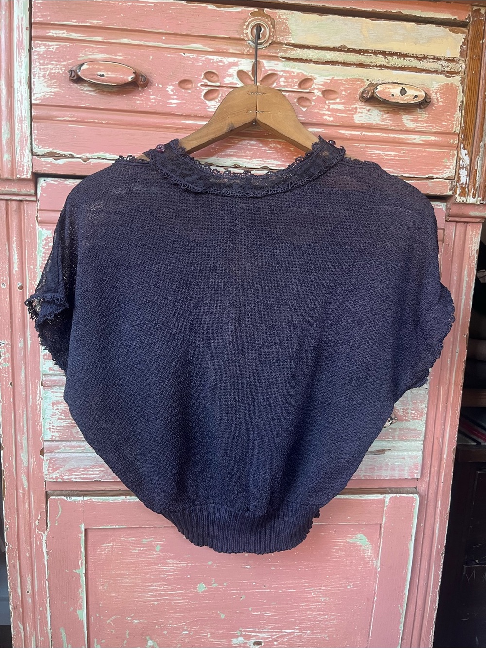 Antique Vintage 30s 40s Art Deco Knit Lace Navy Cotton Blouse Top S/M - Picture 11 of 13